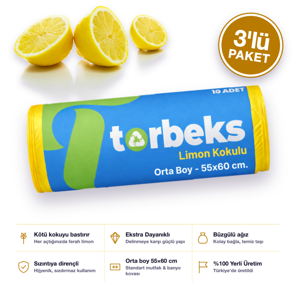 Limon Kokulu Büzgülü Orta Boy Çöp Torbası 55 x 60 cm. (3'lü Paket)