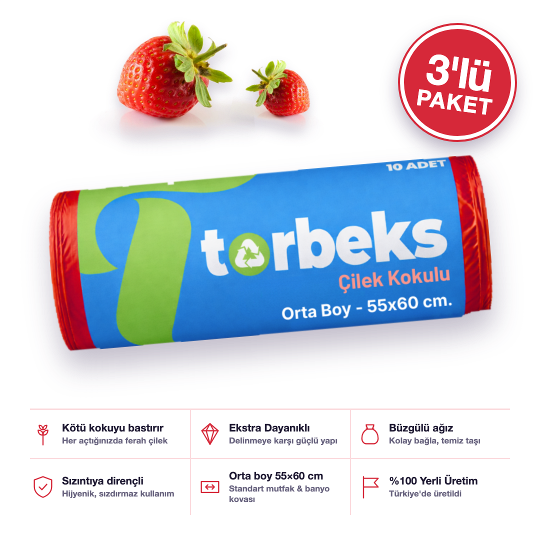 Çilek Kokulu Büzgülü Orta Boy Çöp Torbası 55 x 60 cm. (3'lü Paket)