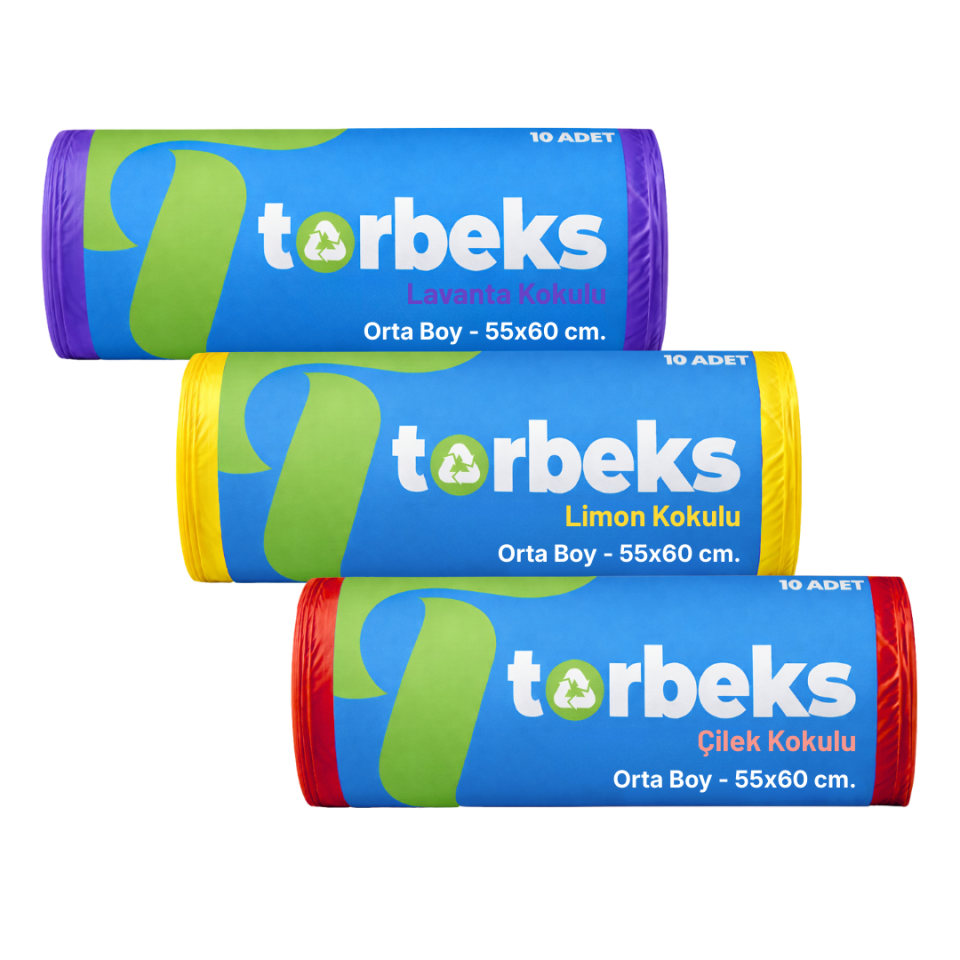 Kokulu Büzgülü Orta Boy Çöp Torbası 55 x 60 cm. (3'lü Karışık Paket)