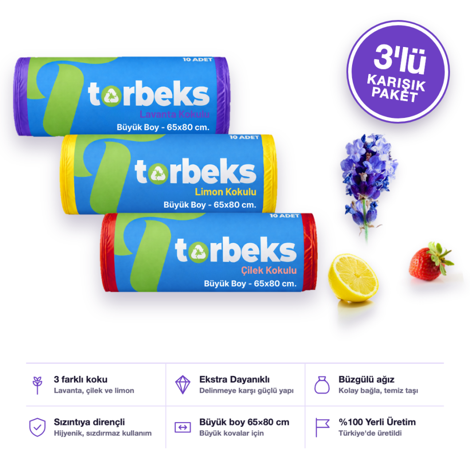 Kokulu Büzgülü Büyük Boy Çöp Torbası 65 x 80 cm. (3'lü Karışık Paket)